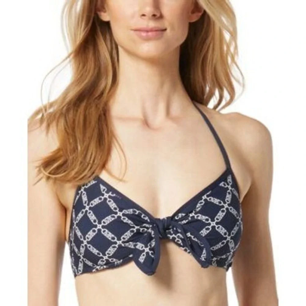 Michael Kors Bikini Top Womens Size S Navy Blue Logo‎ Print Tie Front Swimsuit